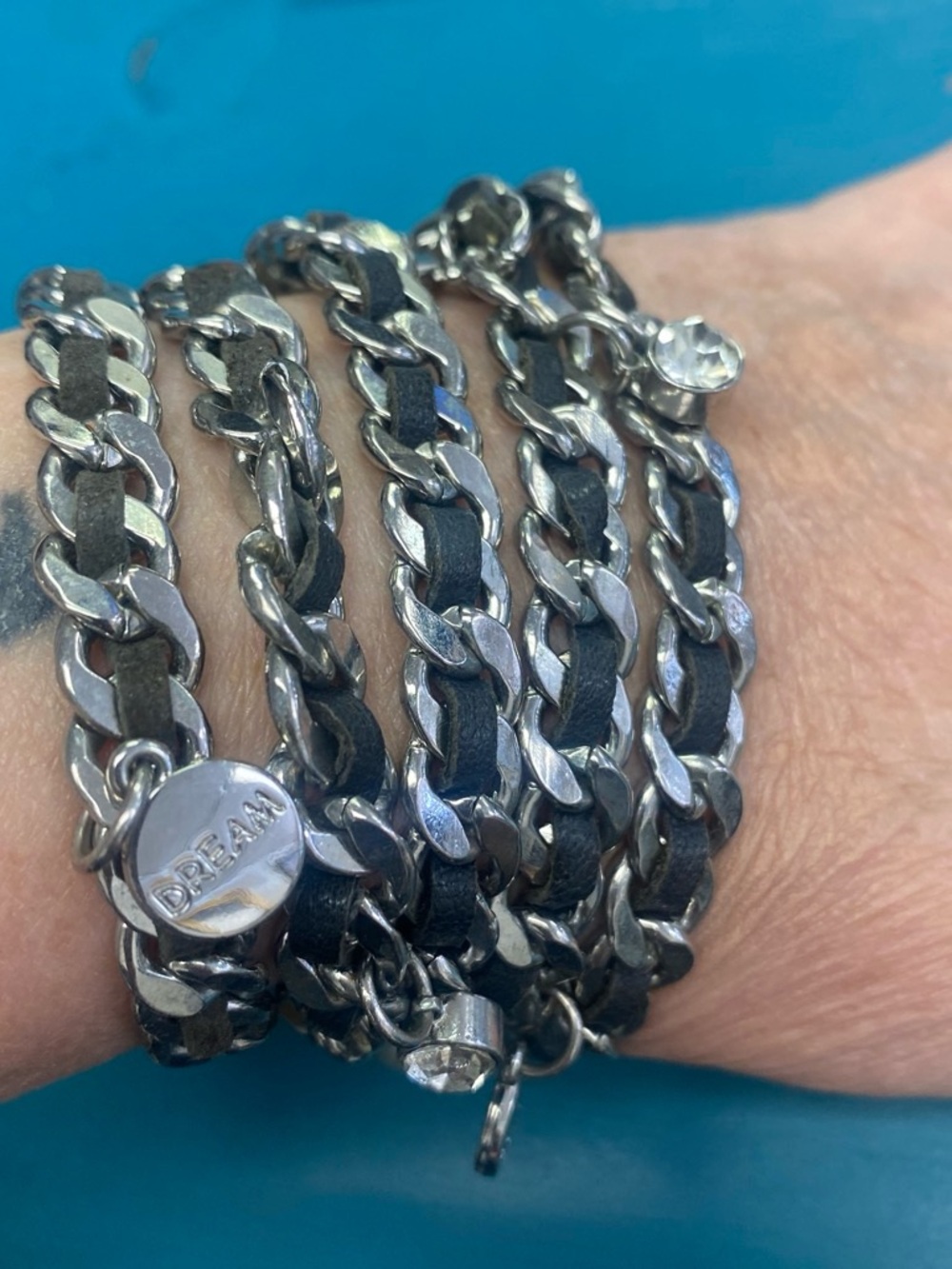 Silver Chain Wrap Bracelet with Black Leather Inlay